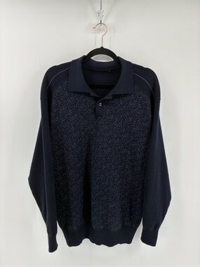 100% Pure New Wool Navy Knit Polo Sweater - Subtle Pattern